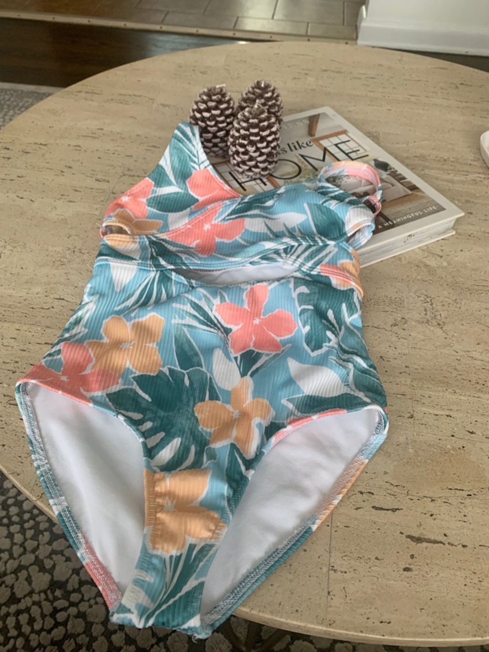 abercrombie kids Teal, Coral & Peach Striped Floral Swimsuit